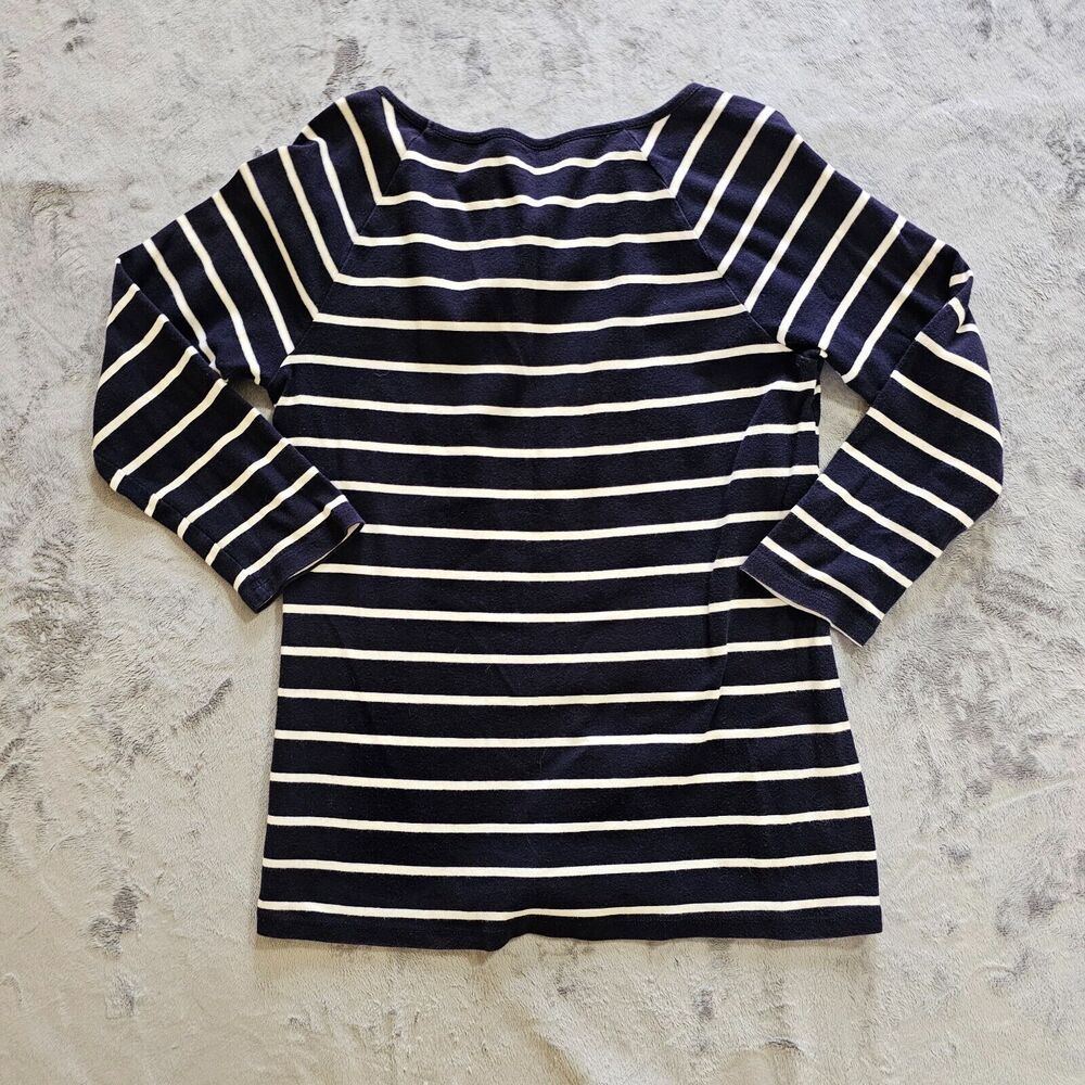 Talbots Top Women Medium Blue Pima Stripe Button Round Neck 3/4 Sleeve Nautical - Picture 9 of 10